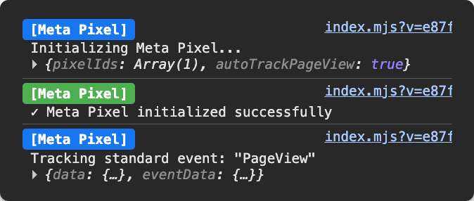 Meta Pixel debug logs in console